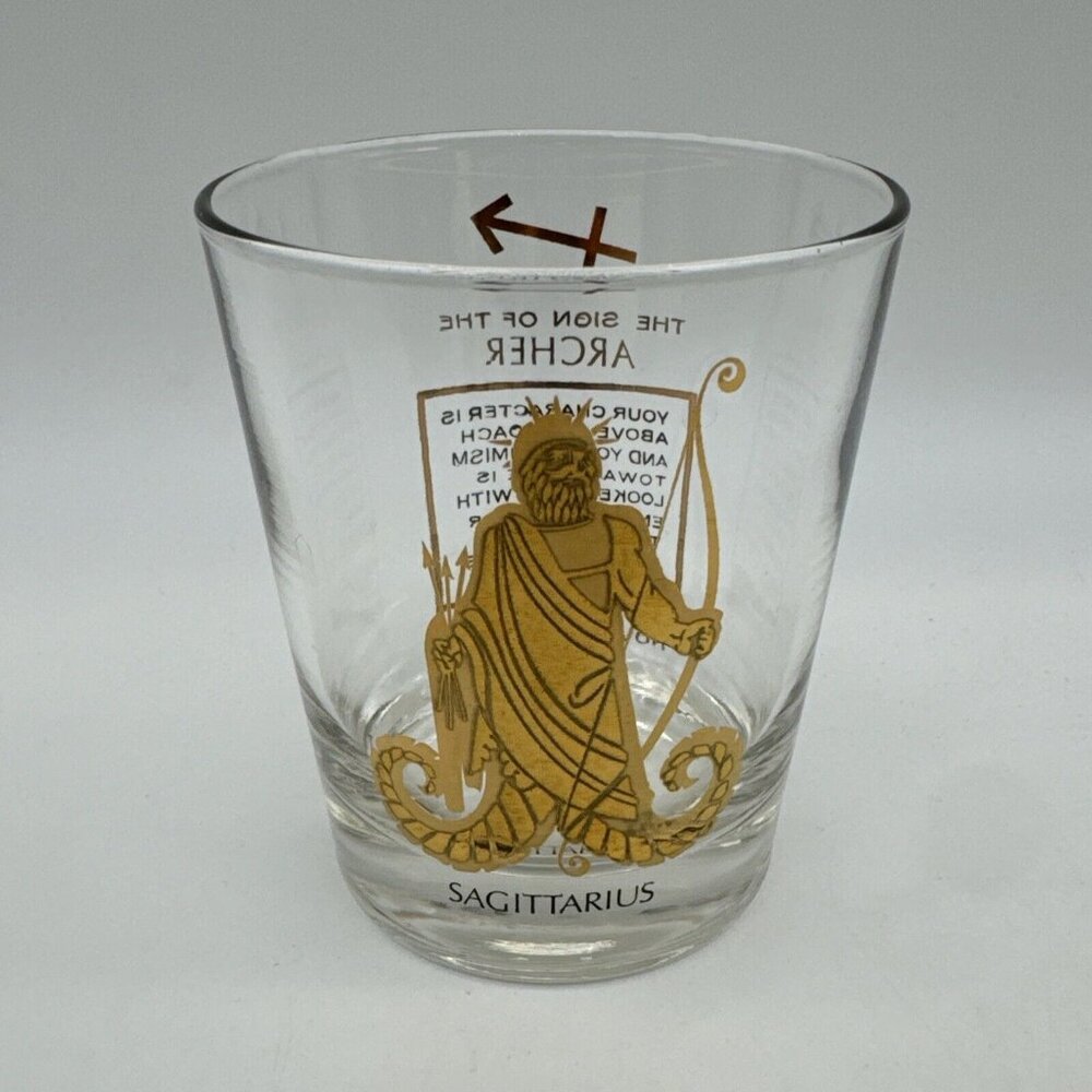 Vintage Lowball Sagittarius Archer Zodiac Glass Barware Gold Lowball Rocks